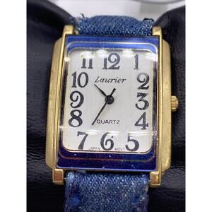 Laurier Womens Rectangle Gold Tone Quartz Watch New Battery Denim Watch